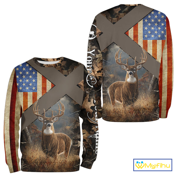 American Flag Deer Hunting Hoodie For Men – 3D Whitetail Buck Camo NHT336