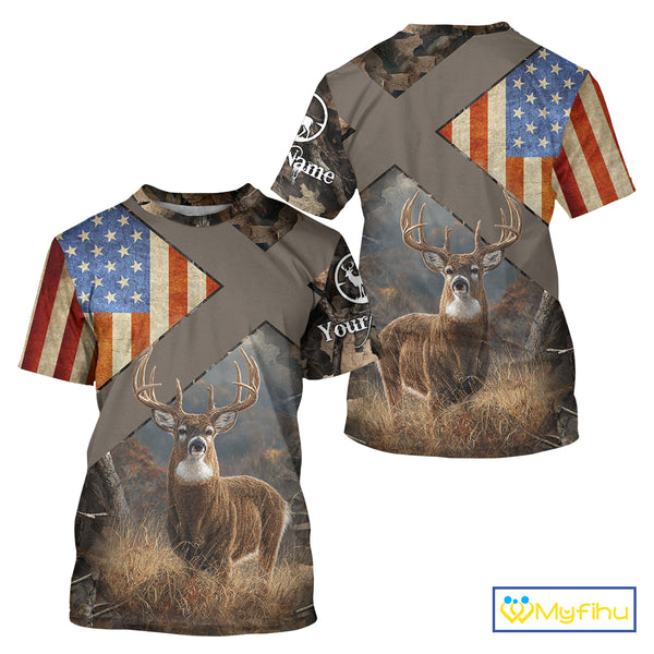 American Flag Deer Hunting Hoodie For Men – 3D Whitetail Buck Camo NHT336