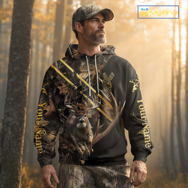 Brown Forest Camo Deer Hunting Shirt – Running Buck Graphic, Personalized Name For Hunter NHT342