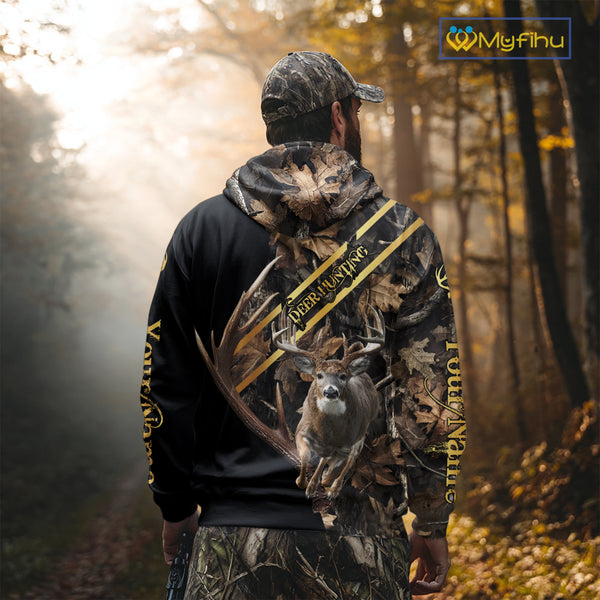 Brown Forest Camo Deer Hunting Shirt – Running Buck Graphic, Personalized Name For Hunter NHT342