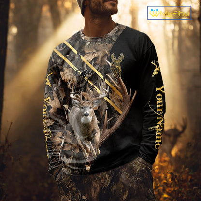 Brown Forest Camo Deer Hunting Shirt – Running Buck Graphic, Personalized Name For Hunter NHT342