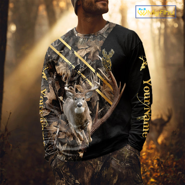 Brown Forest Camo Deer Hunting Shirt – Running Buck Graphic, Personalized Name For Hunter NHT342