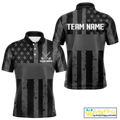 Black White American Flag Mens Golf Polo Shirts Custom Name, Team Name For Men Golf Gift NHT886