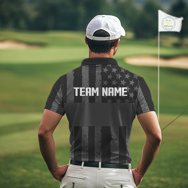 Black White American Flag Mens Golf Polo Shirts Custom Name, Team Name For Men Golf Gift NHT886
