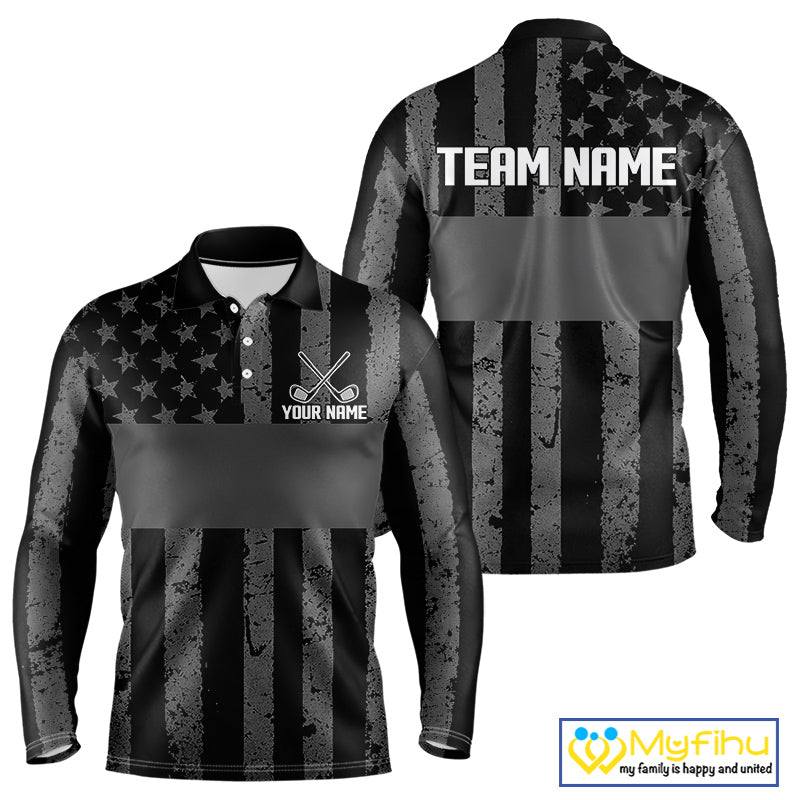 Black White American Flag Mens Golf Polo Shirts Custom Name, Team Name For Men Golf Gift NHT886