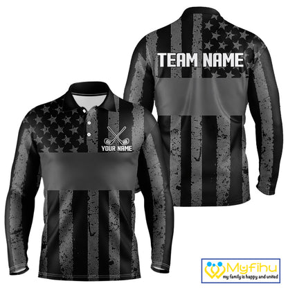 Black White American Flag Mens Golf Polo Shirts Custom Name, Team Name For Men Golf Gift NHT886