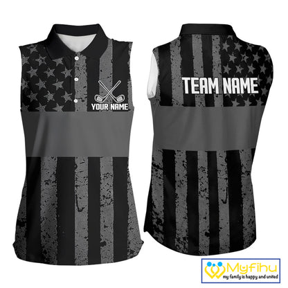 Black White American Flag Sleeveless Womens Golf Polo Shirts Custom Name, Team Name For Women Golf Gift NHT886