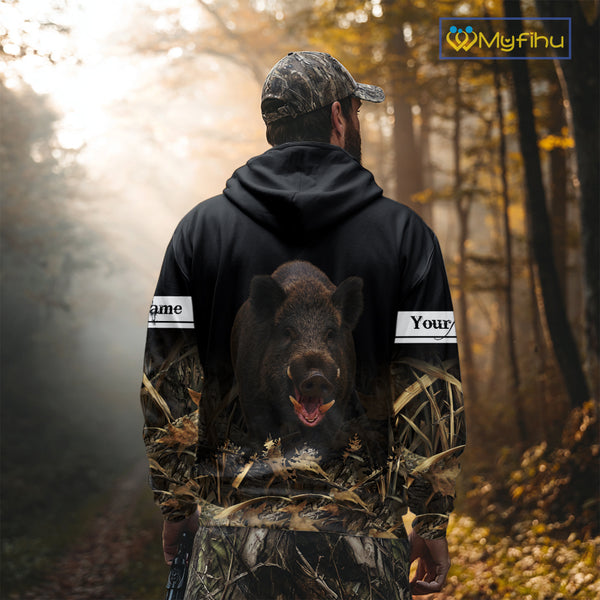 Boar Hunting Black Grown Camo 3D Shirt For Hunting Season Hunting Clothes For Hunters NHT113