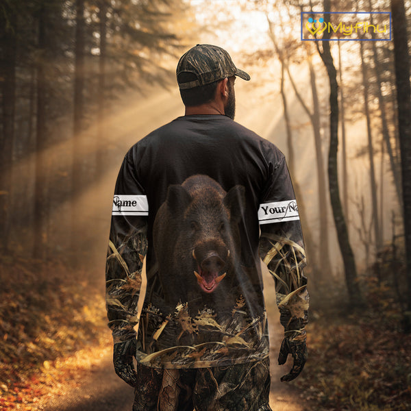 Boar Hunting Black Grown Camo 3D Shirt For Hunting Season Hunting Clothes For Hunters NHT113