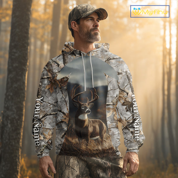 Custom 3D Deer Hunting Shirt With Whitetail Deer Winter Camo For Deer Hunting Season NHT222