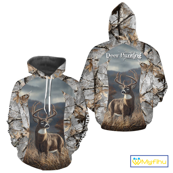 Custom 3D Deer Hunting Shirt With Whitetail Deer Winter Camo For Deer Hunting Season NHT222