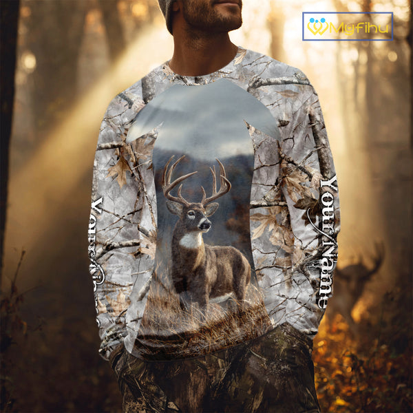 Custom 3D Deer Hunting Shirt With Whitetail Deer Winter Camo For Deer Hunting Season NHT222