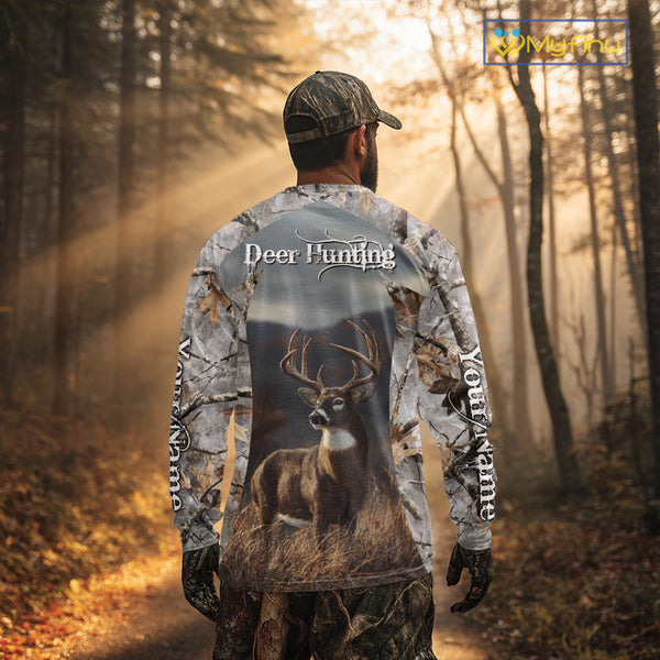 Custom 3D Deer Hunting Shirt With Whitetail Deer Winter Camo For Deer Hunting Season NHT222