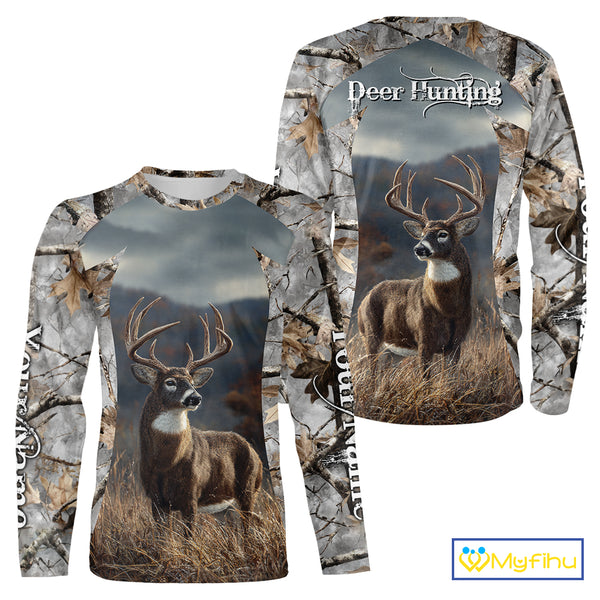 Custom 3D Deer Hunting Shirt With Whitetail Deer Winter Camo For Deer Hunting Season NHT222