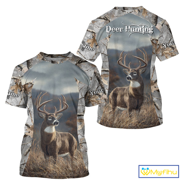 Custom 3D Deer Hunting Shirt With Whitetail Deer Winter Camo For Deer Hunting Season NHT222
