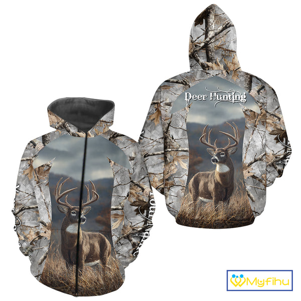 Custom 3D Deer Hunting Shirt With Whitetail Deer Winter Camo For Deer Hunting Season NHT222