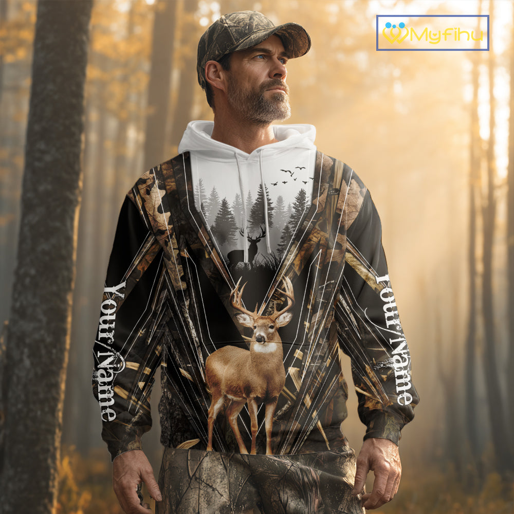 Whitetail Deer Hunting Custom Name Camo Shirt, Deer Hunting Apparel, Hunting Hoodie For Men NHT357