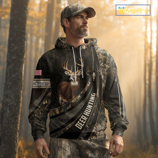 Whitetail Deer Hunting Shirt Camouflage US Flag, Deer Hunter Custom Name, Hunting Gift NHT123