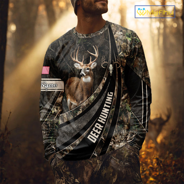 Whitetail Deer Hunting Shirt Camouflage US Flag, Deer Hunter Custom Name, Hunting Gift NHT123