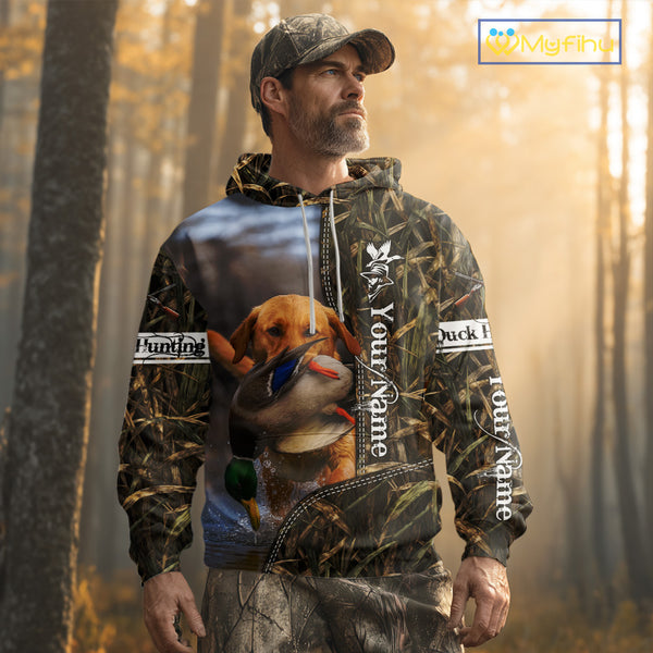 Duck Hunting Waterfowl Camouflage Shirt Yellow Labrador Retriever, Custom Name Hunting Gift NHT126