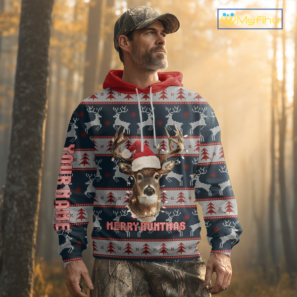 Funny Ugly Sweater Pattern Deer Hunting Customized Name All Over Print Shirts Christmas Shirt NHT305