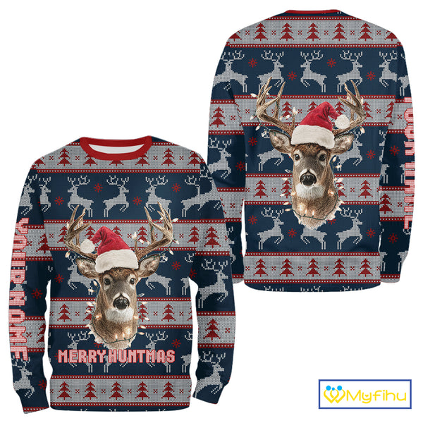 Funny Ugly Sweater Pattern Deer Hunting Customized Name All Over Print Shirts Christmas Shirt NHT305