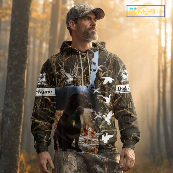 Brown Camo Duck Hunting With Chocolate Lab Dog 3D All Over Printed Shirts, Dog Hunting Clothes NHT143