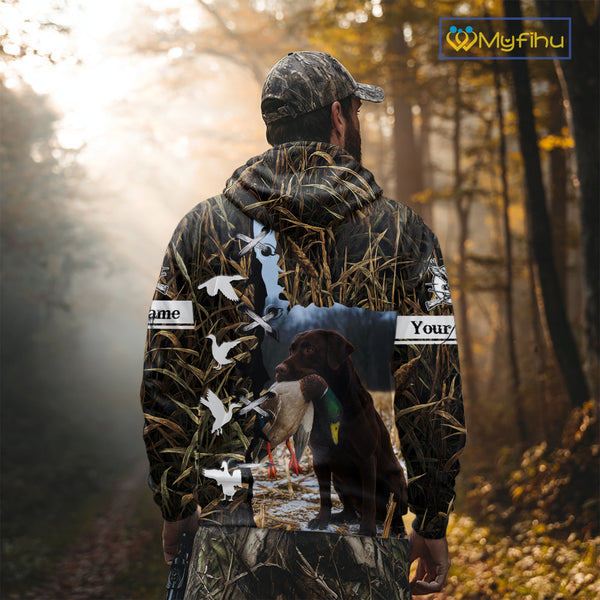 Brown Camo Duck Hunting With Chocolate Lab Dog 3D All Over Printed Shirts, Dog Hunting Clothes NHT143