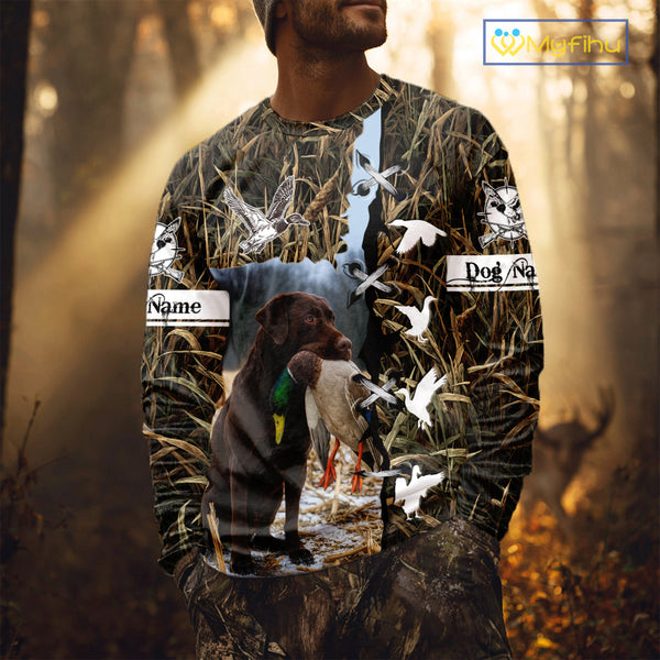 Brown Camo Duck Hunting With Chocolate Lab Dog 3D All Over Printed Shirts, Dog Hunting Clothes NHT143