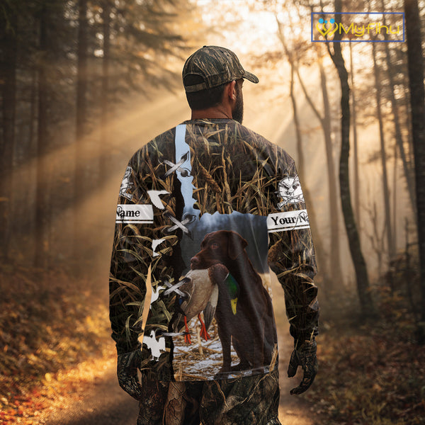 Brown Camo Duck Hunting With Chocolate Lab Dog 3D All Over Printed Shirts, Dog Hunting Clothes NHT143