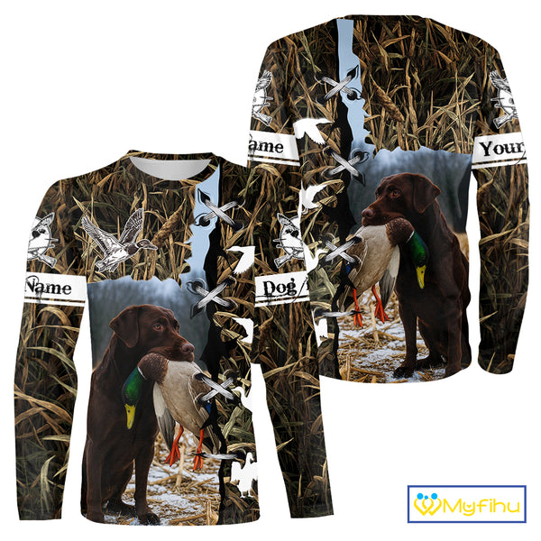 Brown Camo Duck Hunting With Chocolate Lab Dog 3D All Over Printed Shirts, Dog Hunting Clothes NHT143