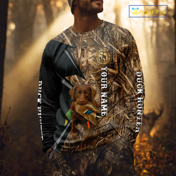 Duck Hunting Camo Shirt with Chocolate Lab – All Over Print, Perfect Gift for Waterfowl Hunters NHT243