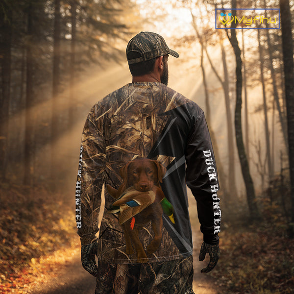 Duck Hunting Camo Shirt with Chocolate Lab – All Over Print, Perfect Gift for Waterfowl Hunters NHT243