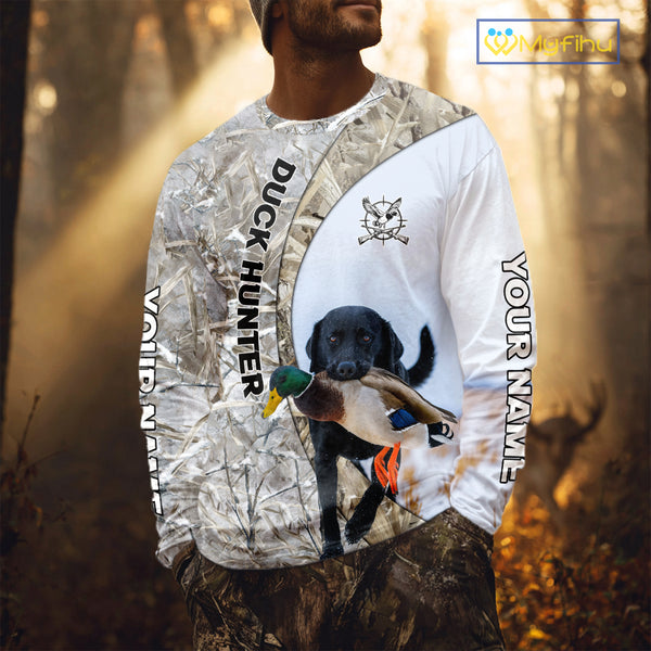 Duck Hunting Winter Camo Black Lab 3D All-Over Printed Shirt, Gift for Waterfowl Hunters NHT250