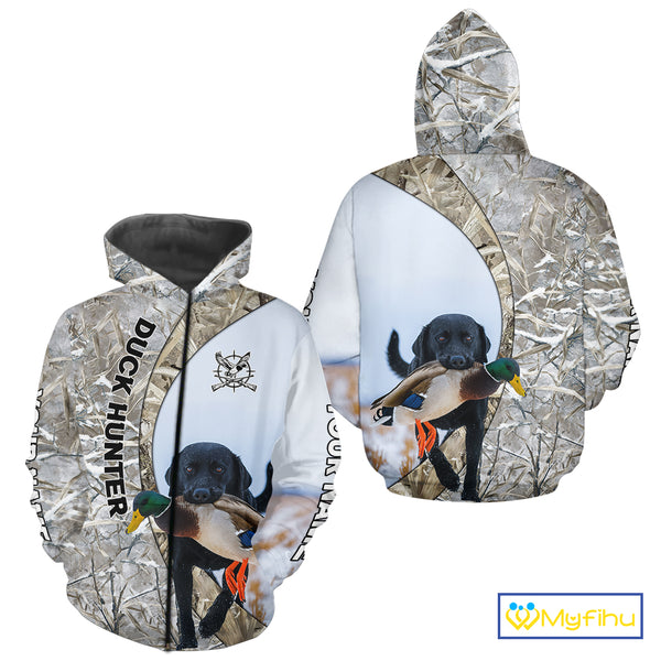 Duck Hunting Winter Camo Black Lab 3D All-Over Printed Shirt, Gift for Waterfowl Hunters NHT250