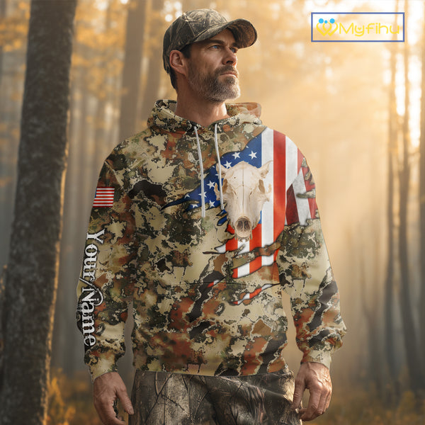 Boar Hunting Shirt Camo Custom Name American Flag Skull Hunting Clothes For Hunters NHT159