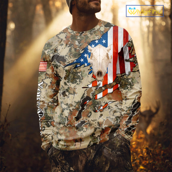 Boar Hunting Shirt Camo Custom Name American Flag Skull Hunting Clothes For Hunters NHT159