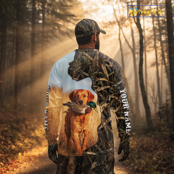 Red Golden Retriever Custom Name Hunting Duck Shirts for Hunter, Duck Hunting Gift NHT172