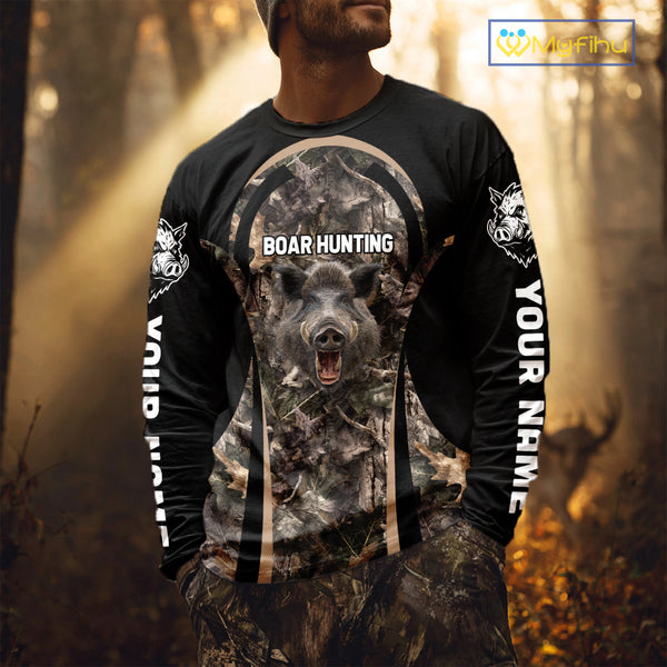 Custom Wild Hog Hunting Black Camo Forest 3D Printed Shirts, Hunting Gifts for Boar Hunter NHT262