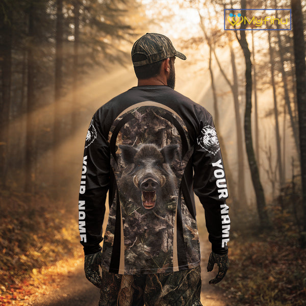Custom Wild Hog Hunting Black Camo Forest 3D Printed Shirts, Hunting Gifts for Boar Hunter NHT262