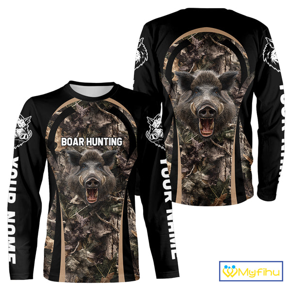 Custom Wild Hog Hunting Black Camo Forest 3D Printed Shirts, Hunting Gifts for Boar Hunter NHT262