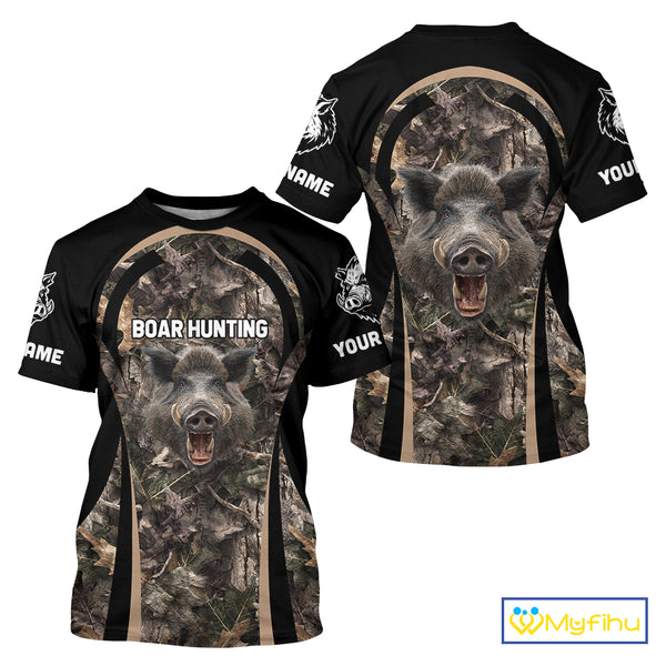 Custom Wild Hog Hunting Black Camo Forest 3D Printed Shirts, Hunting Gifts for Boar Hunter NHT262