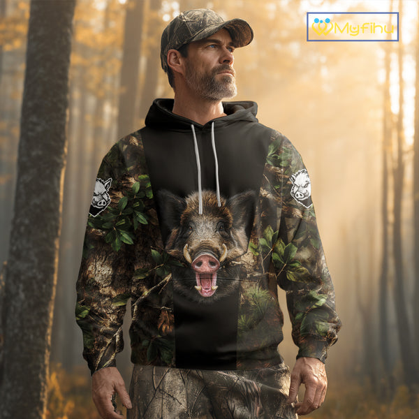 Custom Wild Boar Hunting 3D Shirt Black and Forest Camo with US Flag, Boar Hunting Gifts NHT181