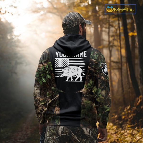 Custom Wild Boar Hunting 3D Shirt Black and Forest Camo with US Flag, Boar Hunting Gifts NHT181
