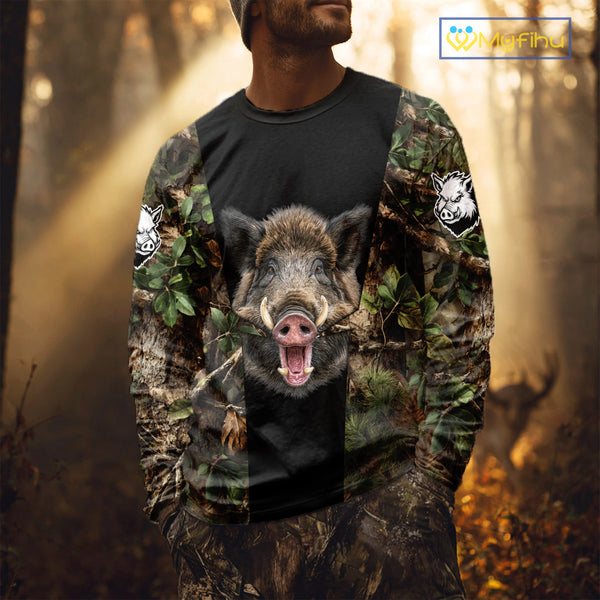 Custom Wild Boar Hunting 3D Shirt Black and Forest Camo with US Flag, Boar Hunting Gifts NHT181
