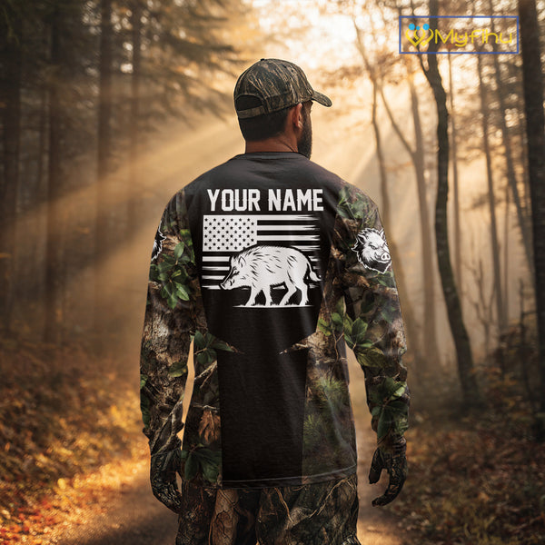 Custom Wild Boar Hunting 3D Shirt Black and Forest Camo with US Flag, Boar Hunting Gifts NHT181