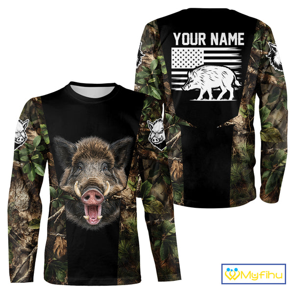 Custom Wild Boar Hunting 3D Shirt Black and Forest Camo with US Flag, Boar Hunting Gifts NHT181
