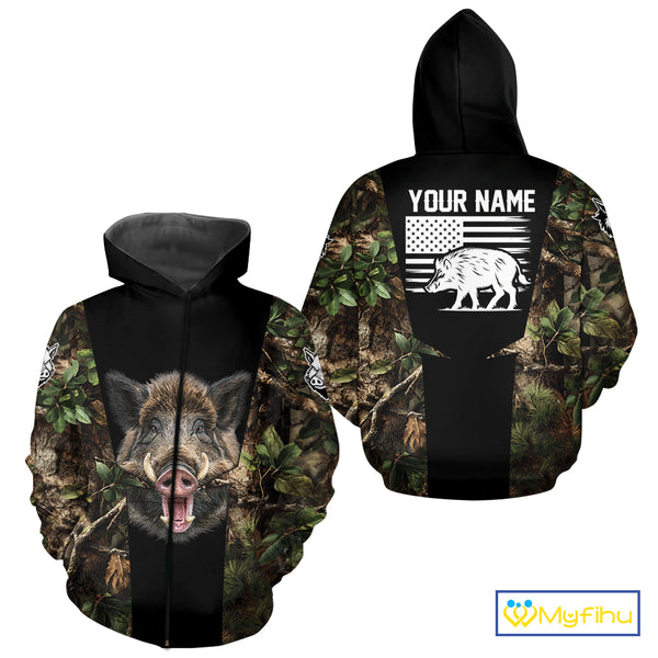 Custom Wild Boar Hunting 3D Shirt Black and Forest Camo with US Flag, Boar Hunting Gifts NHT181
