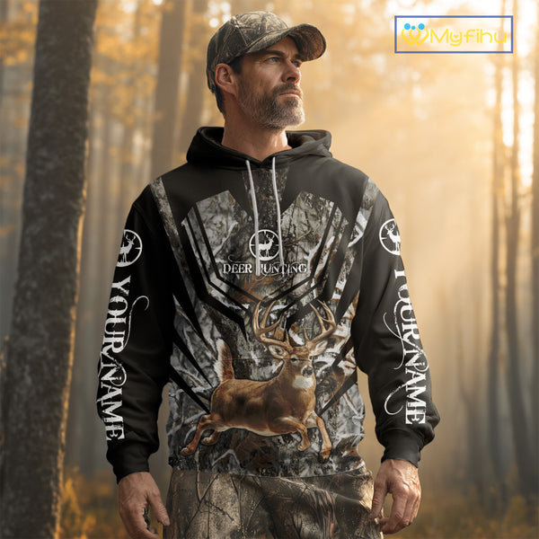 Whitetails Jumping Deer Hunting Camouflage Custom Name Shirts, Best Deer Hunting Camo Winter NHT186