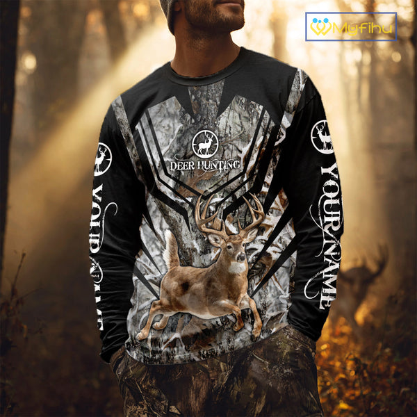 Whitetails Jumping Deer Hunting Camouflage Custom Name Shirts, Best Deer Hunting Camo Winter NHT186